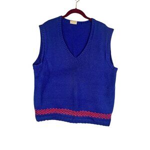 Handmade Retro Knit Sweater Vest Blue L Preppy Chic Chevron Artsy Festive 60s